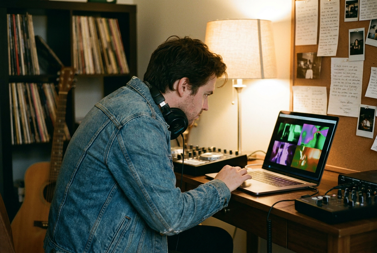 alt text: A musician at their home studio using a laptop to generate visuals for their music