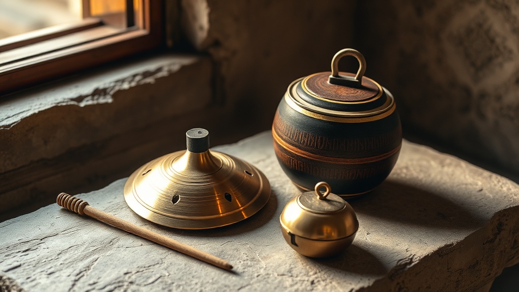 Instruments rituels tibétains : cymbales tingsha, cloche drilbu et tambourin damaru sur pierre