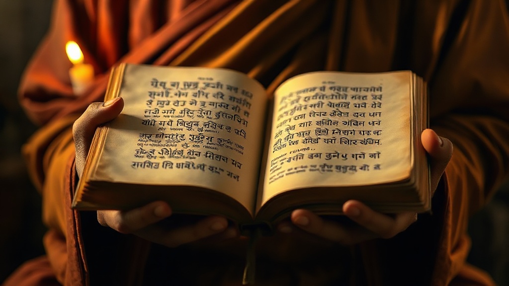 Mains d'un moine tenant un manuscrit de sutras en pali à la lueur d'une bougie