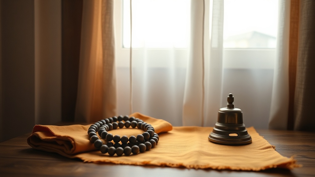 Mala en bois et cloche tibétaine posés sur tissu safran dans un coin de méditation lumineux