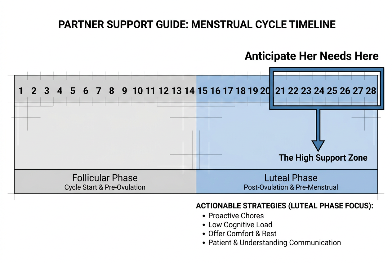 A 28-day cycle timeline illustrating the different phases of a period, with a specific focus on the Luteal Phase as the high-support window.