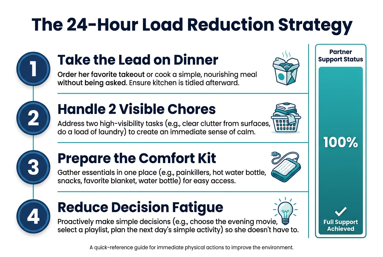 Actionable checklist for partners showing simple ways to reduce a girlfriend’s cognitive load, featuring chores, snacks, and comfort items.