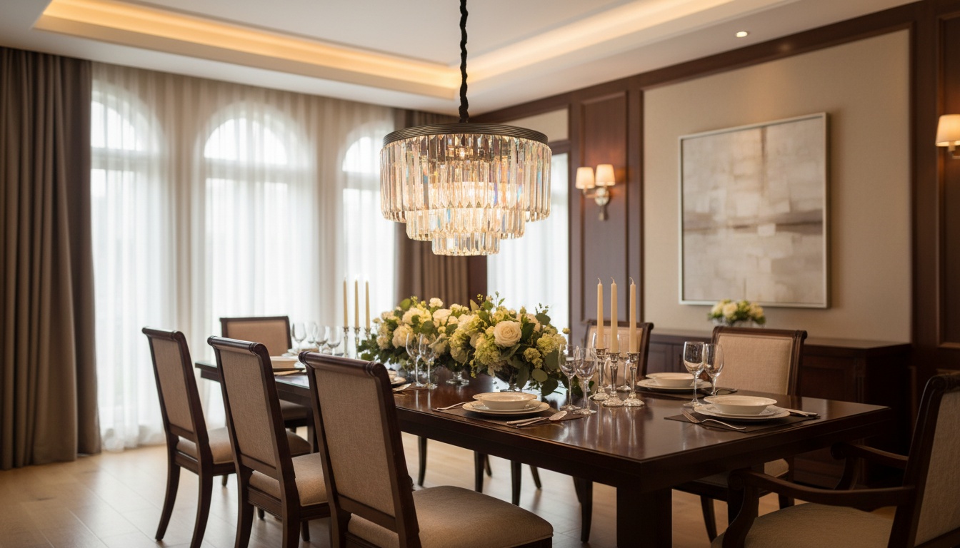 Inspired Odeon Style 3-Tier Crystal Chandelier above formal dining table