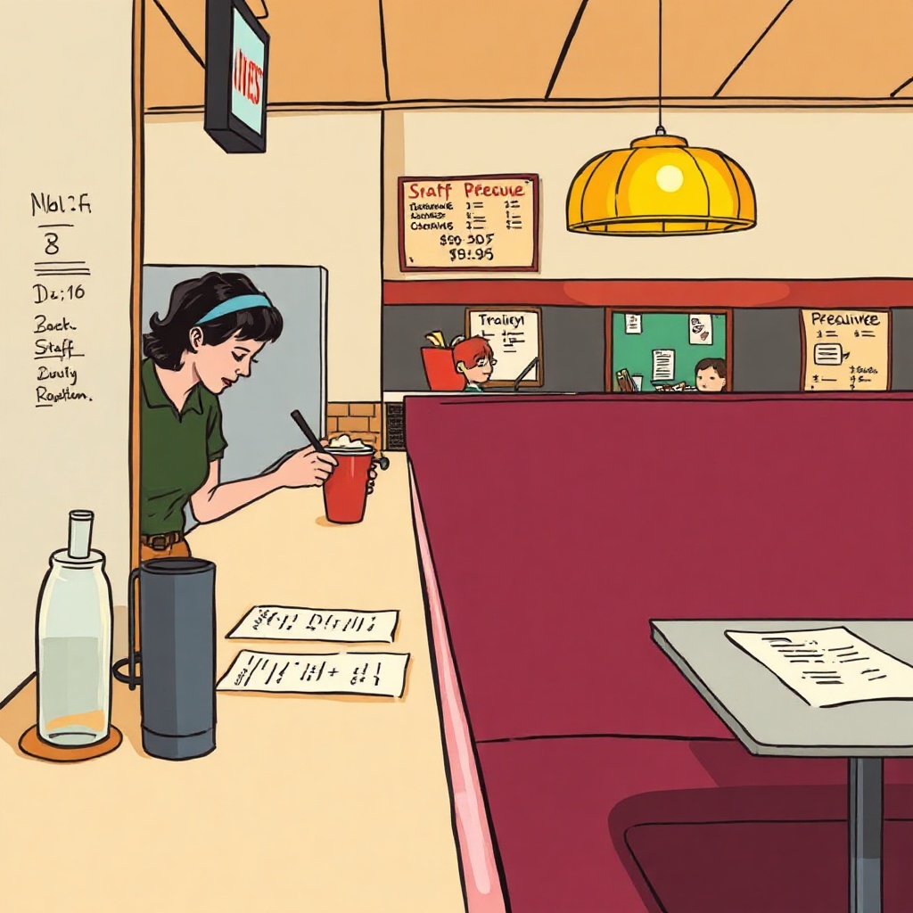 The diner from the front window, late afternoon, the booths still empty, the coffee already on.