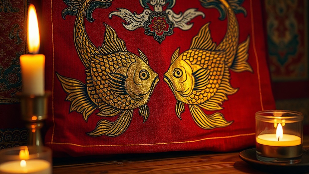 Détail de thangka tibétaine représentant les deux poissons dorés, symboles auspicieux du bouddhisme