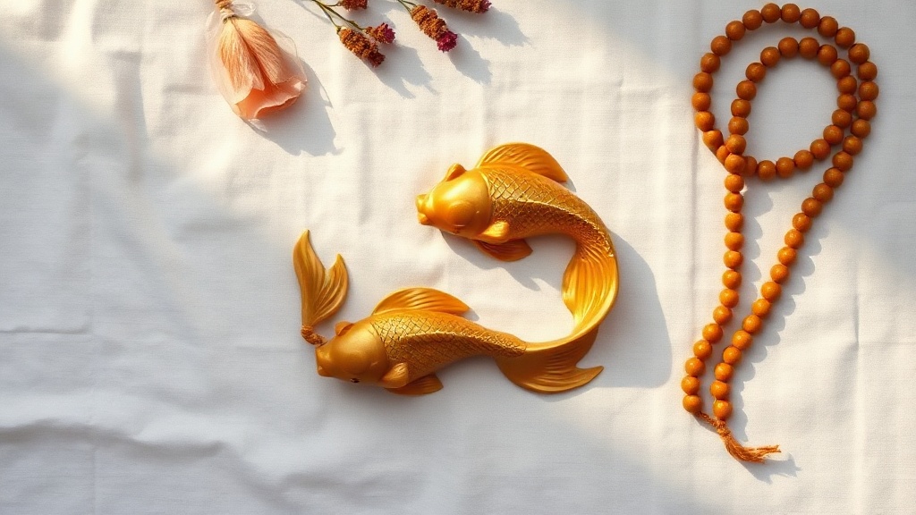 Statuettes de deux poissons dorés posées sur lin blanc avec un mala tibétain, symbolisant fertilité et union dans le bouddhisme