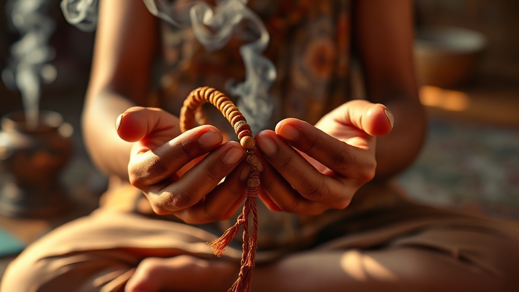 Mains tenant un mala en graines de rudraksha lors d'une pratique de méditation traditionnelle