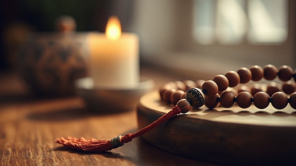 Perle du guru (sumeru) et gland d'un mala tibétain posé sur un autel en bois
