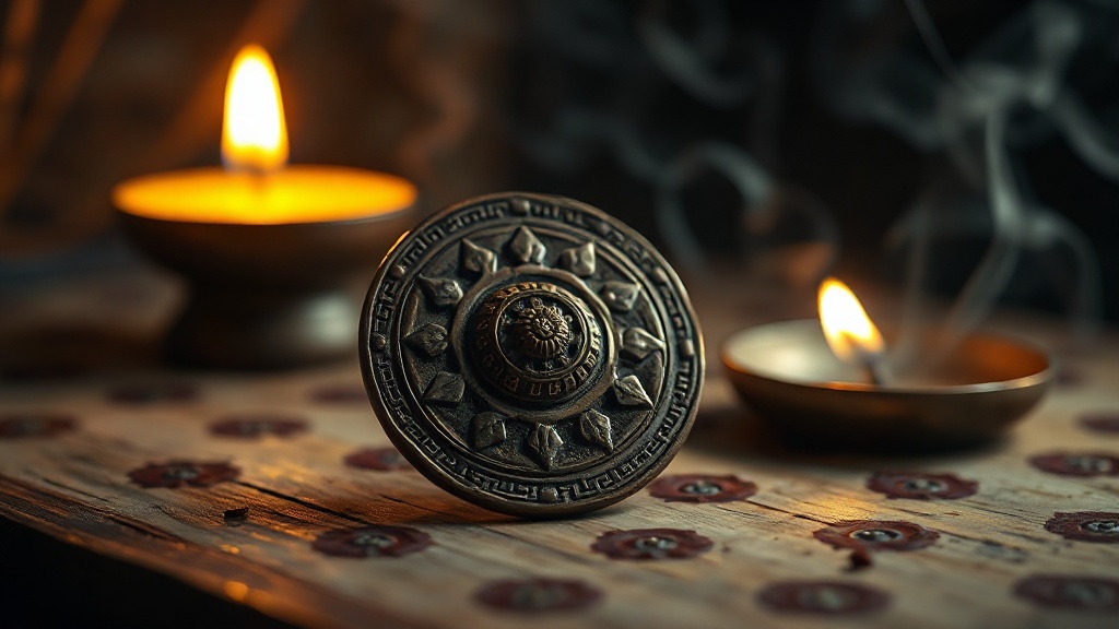 Médaillon en bronze représentant le Dharmachakra à huit rayons, posé sur bois ancien