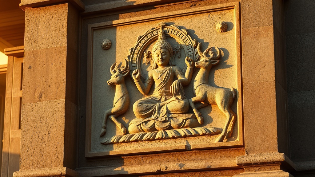 Bas-relief de temple représentant la roue du Dharma flanquée de deux cerfs, art bouddhiste ancien