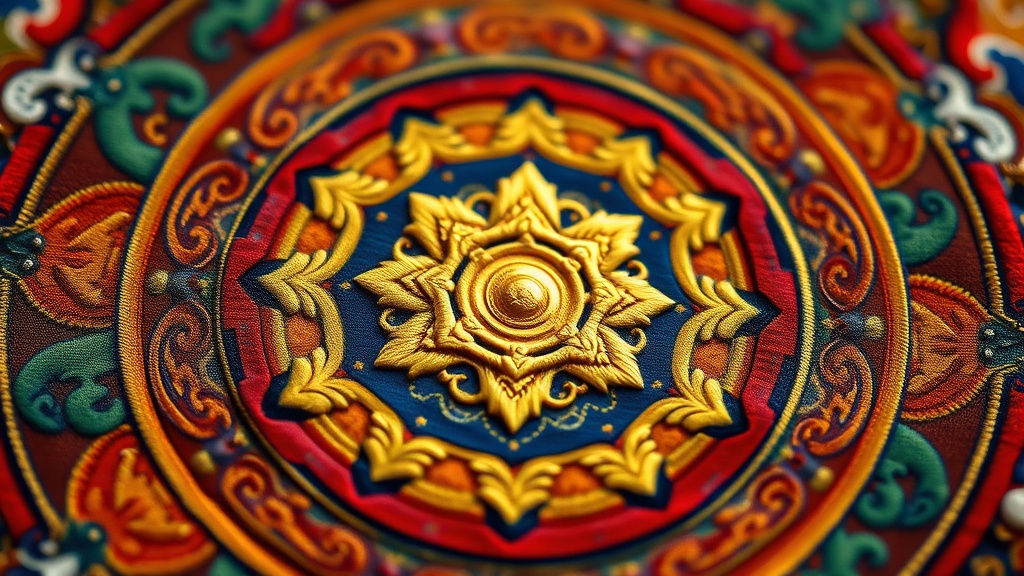 Détail de thangka tibétaine avec le Dharmachakra doré au centre d'un mandala coloré