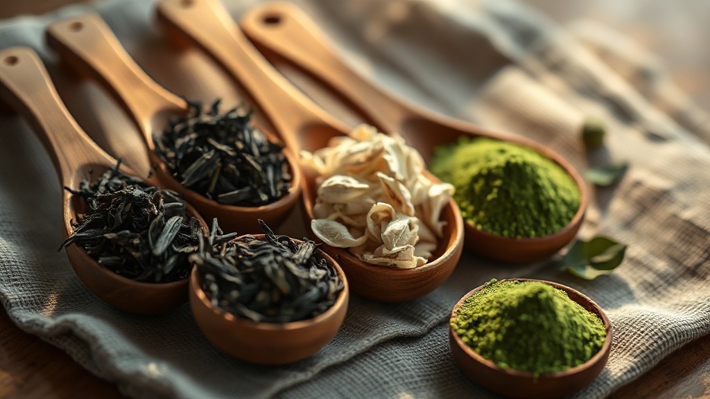 Différents types de thé en vrac alignés sur des cuillères en bois : thé noir, thé vert, thé blanc et matcha