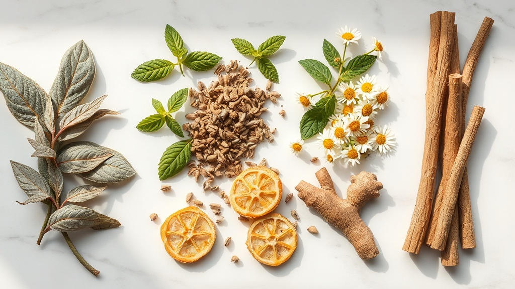 Plantes et herbes séchées utilisées en tisane : sauge, menthe, camomille, gingembre et réglisse