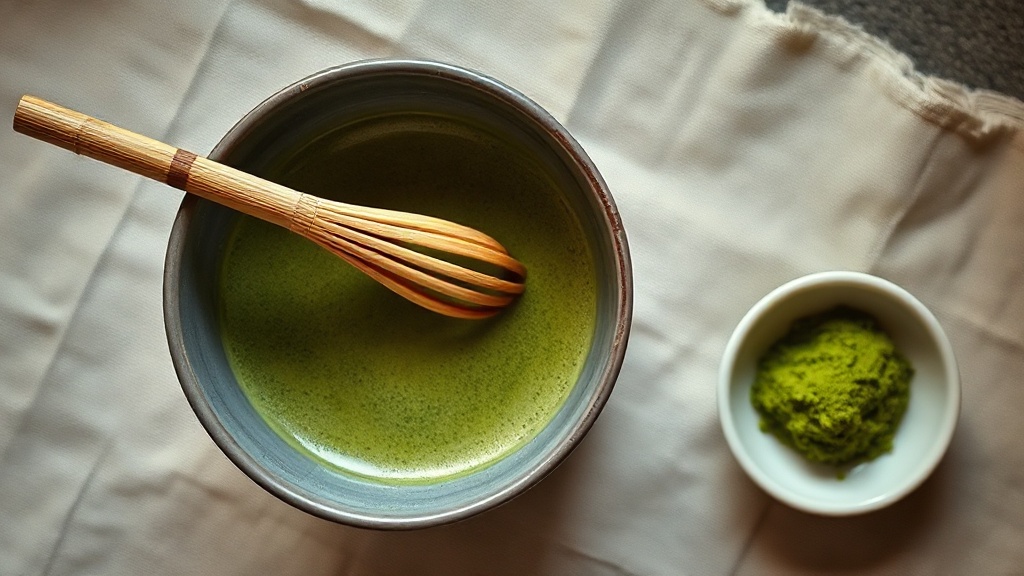 Vue de dessus d'un bol de matcha avec mousse fine et homogène, chasen en bambou et poudre de matcha verte