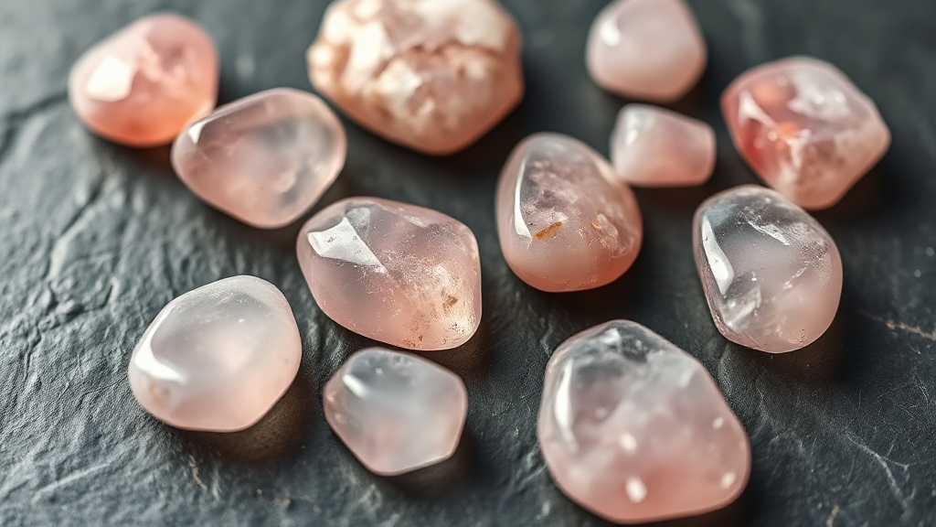 Galets et perles de quartz rose poli sur ardoise, lumière naturelle douce révélant leur translucidité