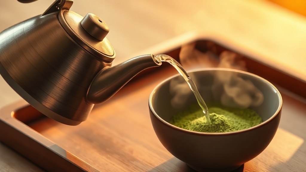 Versement d'eau chaude dans un bol chawan contenant de la poudre de matcha verte, avec de la vapeur qui monte