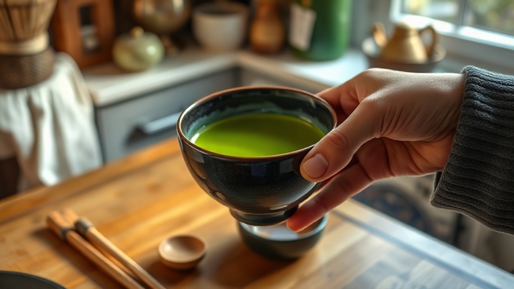 Bol chawan rempli de thé matcha vert vif avec chasen en bambou posé à côté sur une table en bois