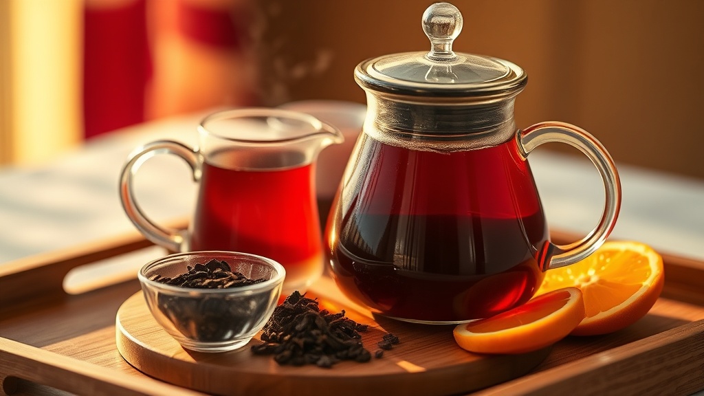 Théière en verre remplie d'une infusion de rooibos rouge vif avec des feuilles séchées et des tranches d'orange