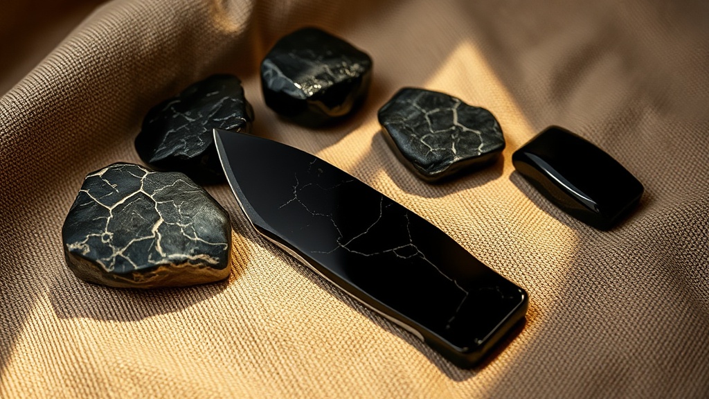 Fragments d'obsidienne brute et lame polie montrant la fracture conchoïdale caractéristique du verre volcanique