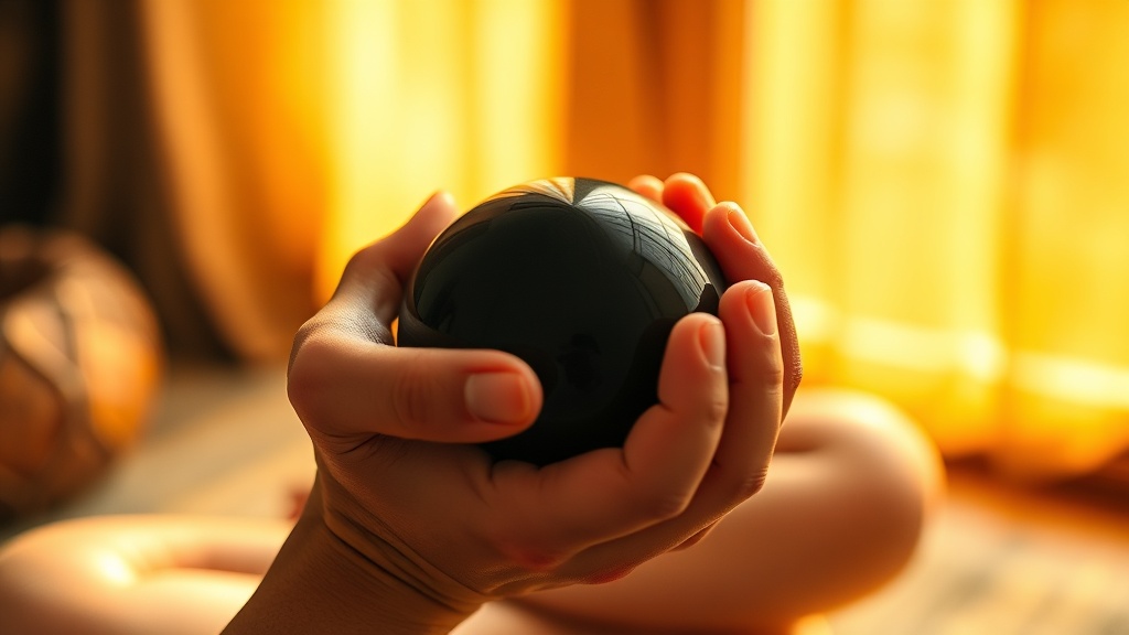 Mains tenant une sphère d'obsidienne noire polie lors d'une séance de méditation contemplative