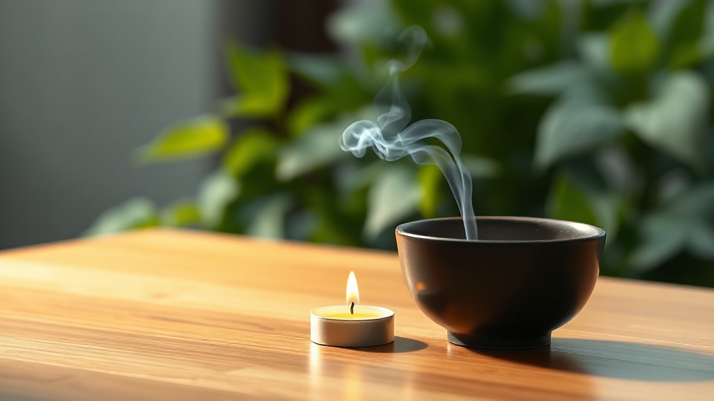 Bougie allumée et bol en céramique sombre sur une surface en bois, ambiance de pratique méditative au lever du jour