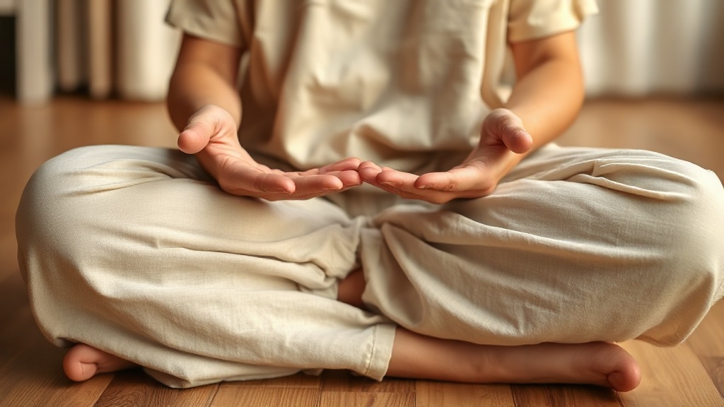 Mains en mudra de méditation posées sur les genoux d'un méditant en tenue de lin