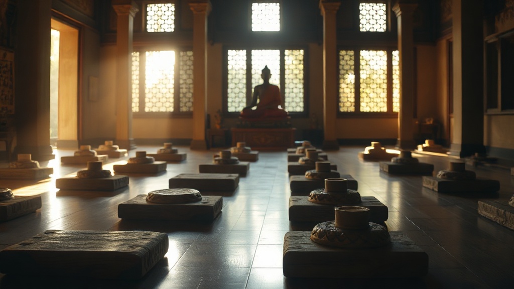Salle de méditation dans un monastère Théravâda avec coussins alignés sur un sol en bois poli