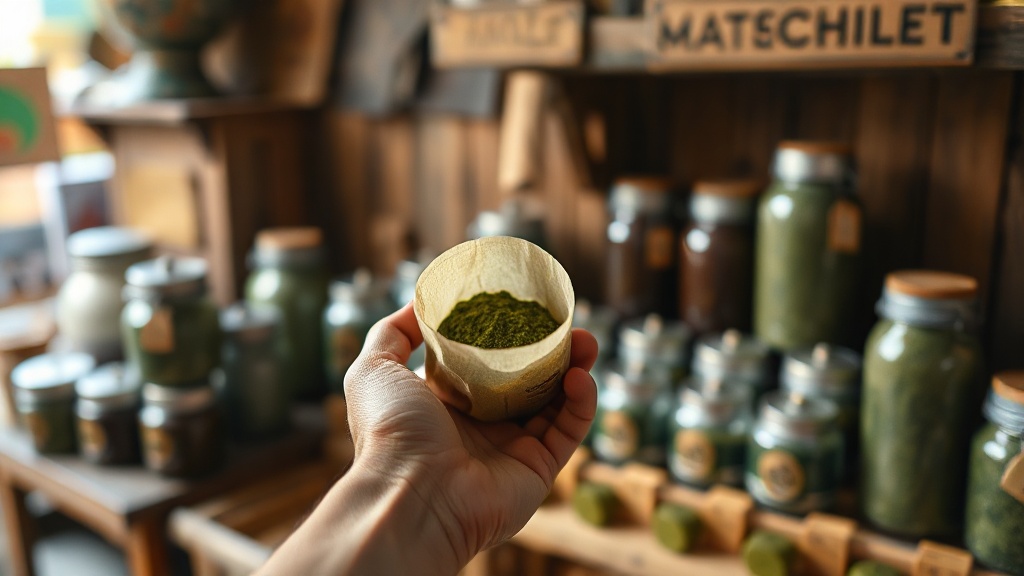 Sac de matcha en vente dans une épicerie spécialisée, poudre verte visible