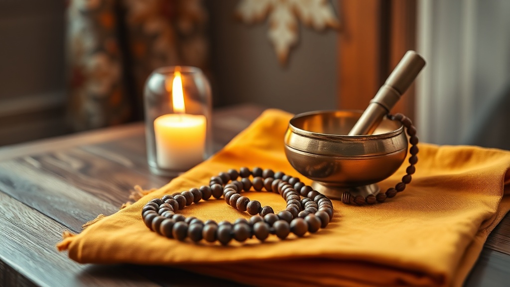 Mala de 108 perles posé sur tissu safran à côté d'un bol chantant en laiton, accessoires de méditation tantrique