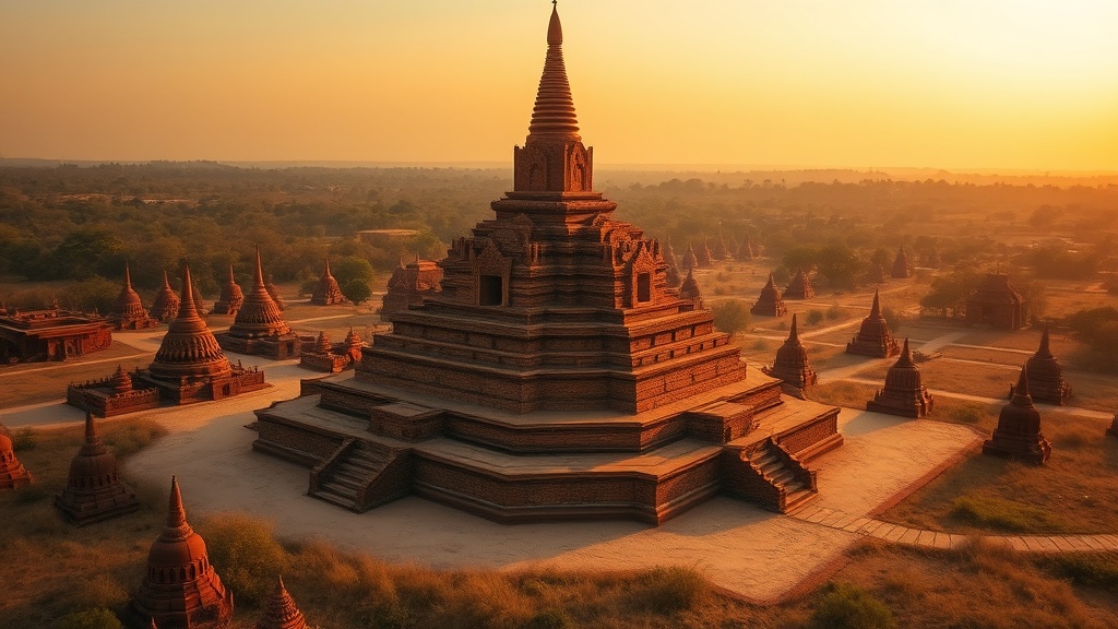 Vue d'ensemble de la stupa pyramidale de Mingalazedi et ses trois terrasses carrées sur la plaine de Bagan