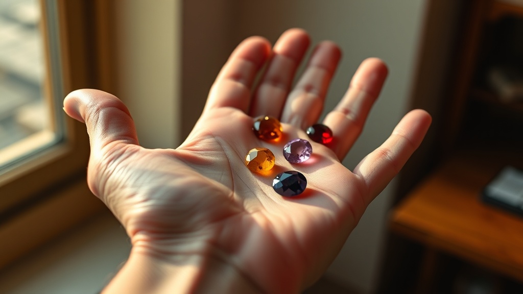 Sept pierres de couleurs distinctes disposées sur une paume ouverte, représentant les sept chakras de bas en haut