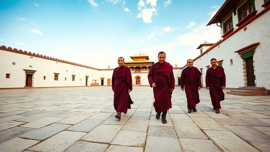 Moines en robe bordeaux traversant la cour intérieure d'un dzong bhoutanais