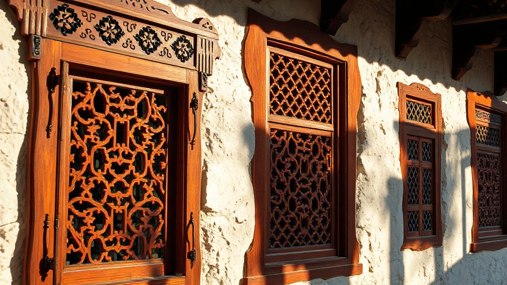 Détail des fenêtres à treillis rouge et or du Tashichho Dzong, Thimphu, Bhoutan