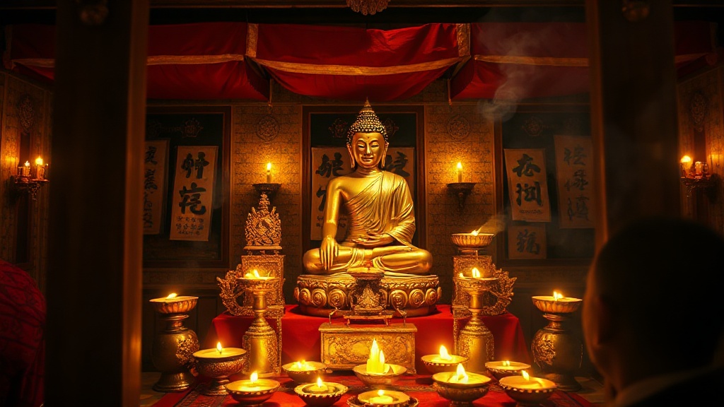 Autel bouddhiste dans un temple du Tashichho Dzong avec statue dorée et lampes à beurre