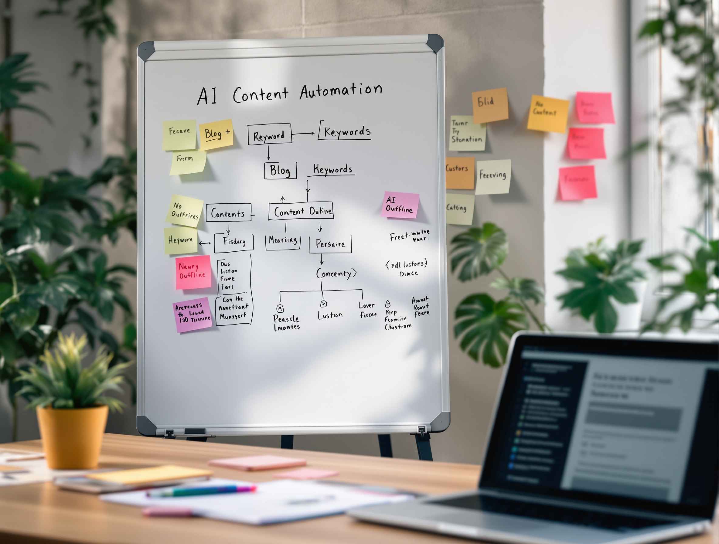 Workspace showing AI SEO content automation workflow and keyword planning