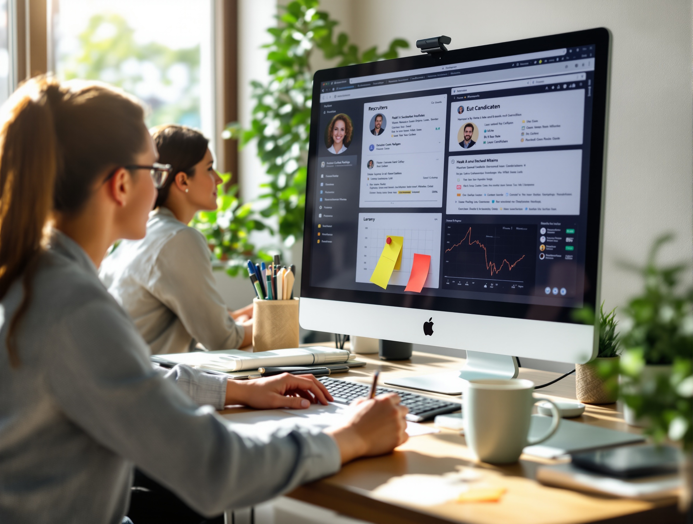 Small business recruiters reviewing candidate profiles in a bright office.