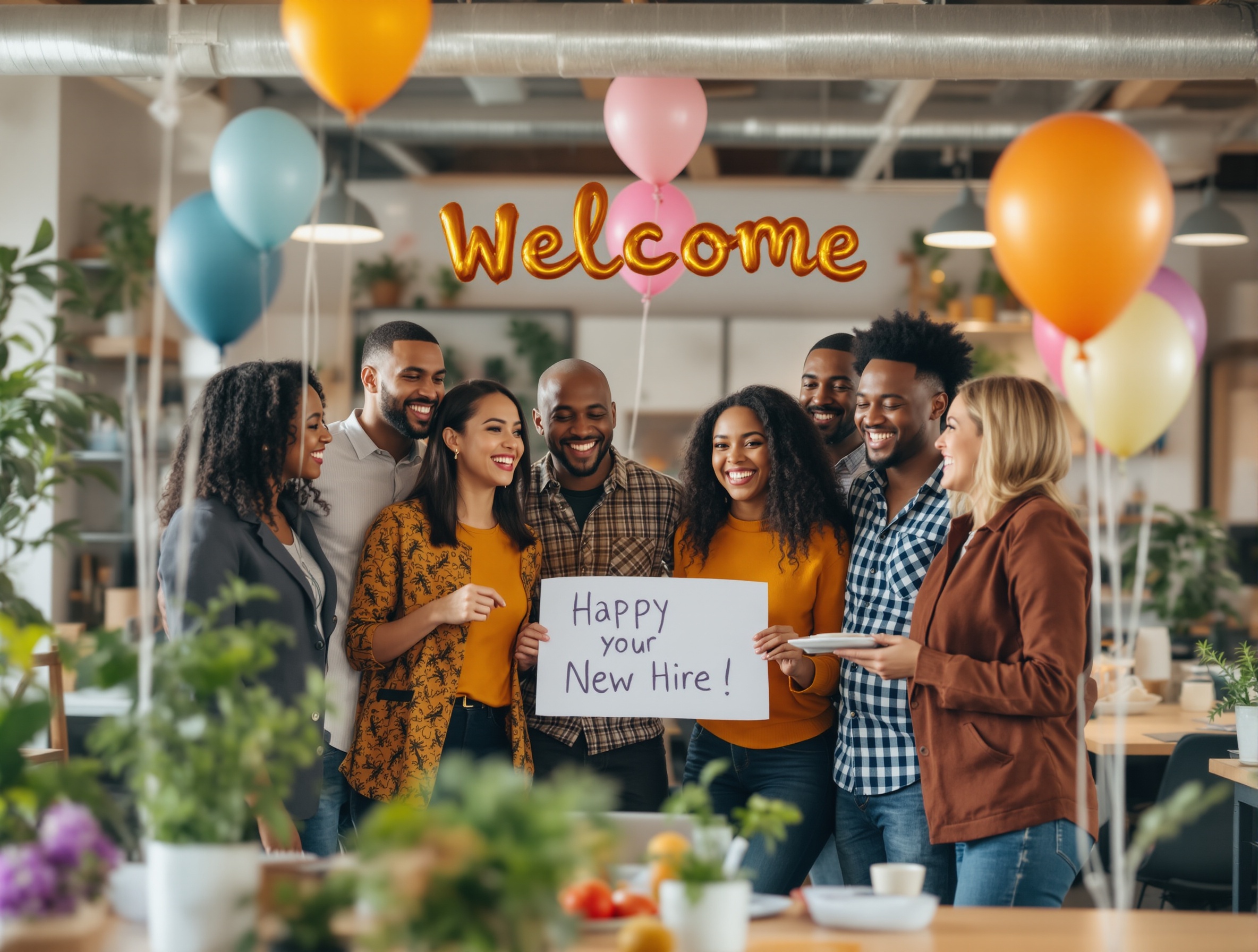 Small business team celebrating a new hire in a lively office.