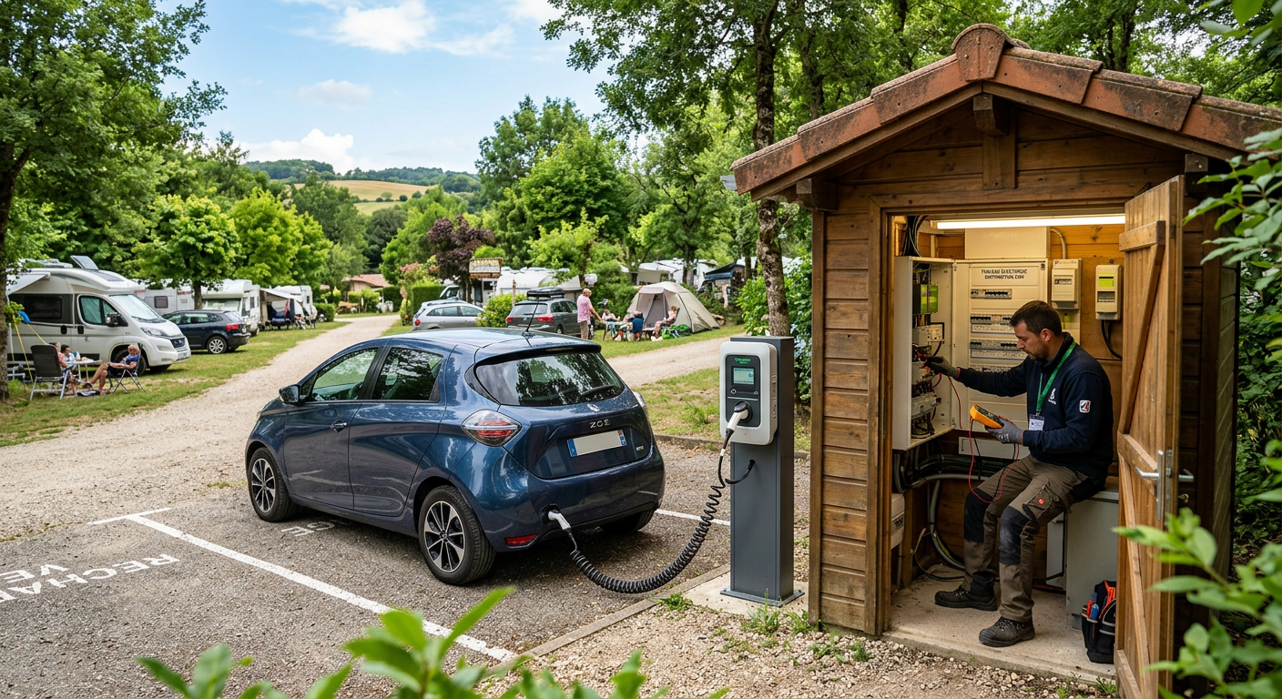 Borne de recharge électrique type 2 installée sur emplacement parking dans un camping avec un installateur IRVE vérifiant tableau électrique à proximité