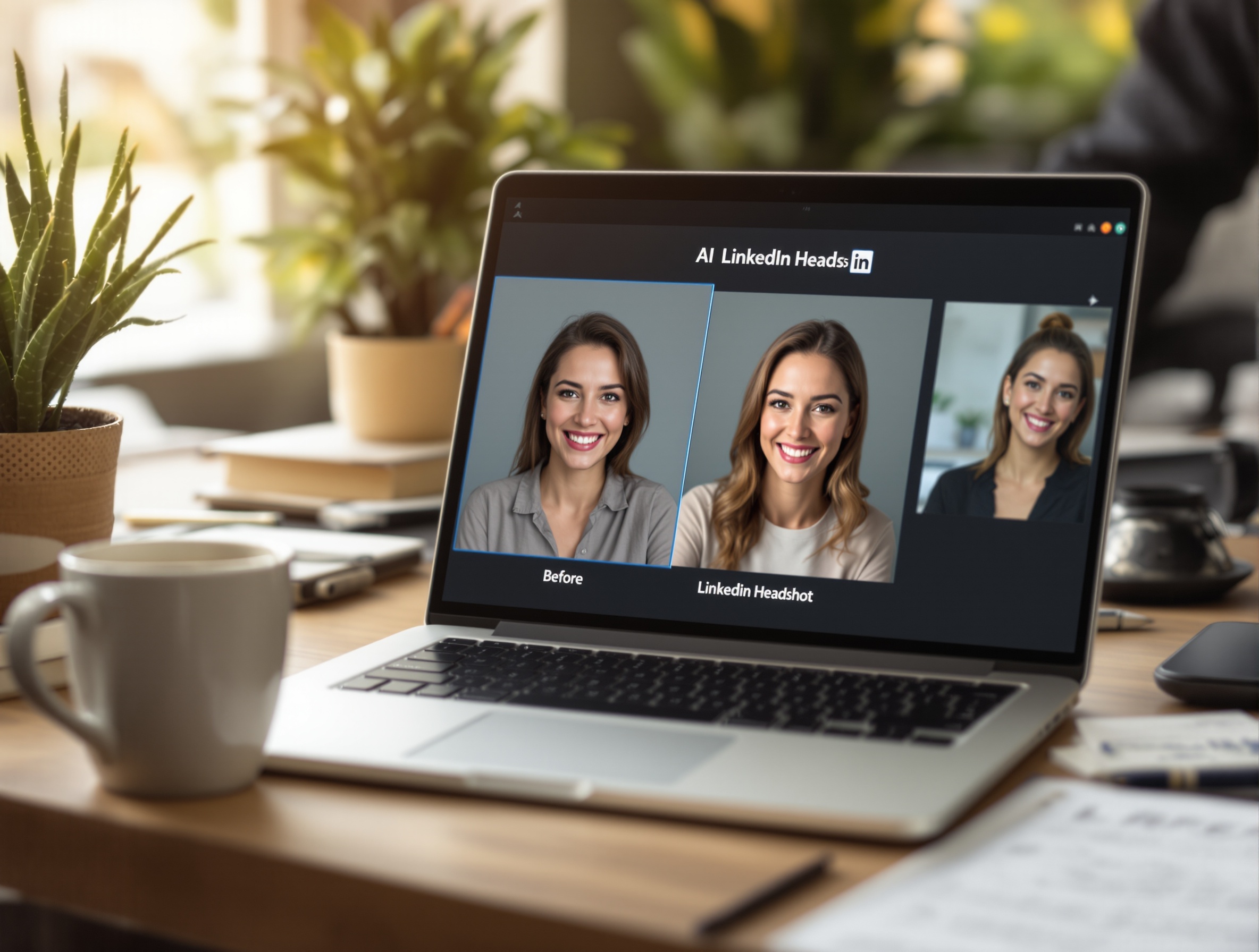 Before and after comparison of a LinkedIn profile photo transformed by PhotoGuru AI