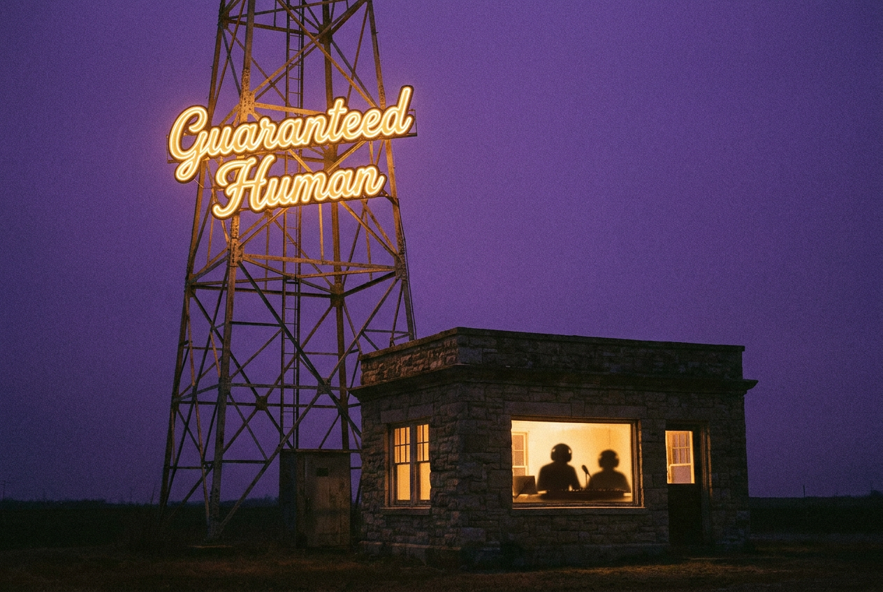 A vintage radio tower with a glowing neon sign reading "GUARANTEED HUMAN" against a dark purple night sky, warm golden light spilling from the station windows below where silhouettes of human DJs are visible inside