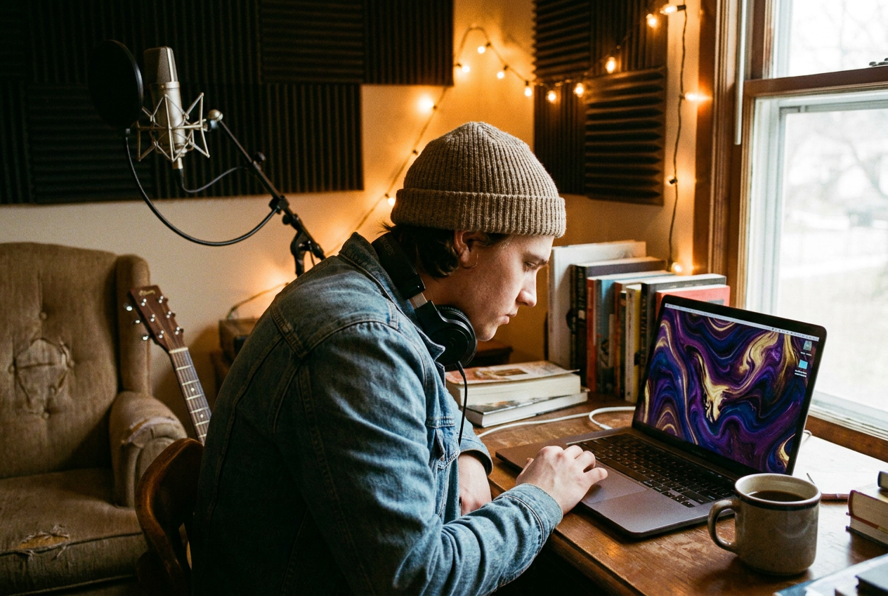 An indie musician sitting in a home studio with headphones around their neck, looking at a laptop screen that displays a vibrant AI-generated music video scene with colorful abstract visuals. The small studio has warm string lights, acoustic foam on the walls, a microphone on a stand, and a guitar leaning against the desk. The musician looks focused and excited.