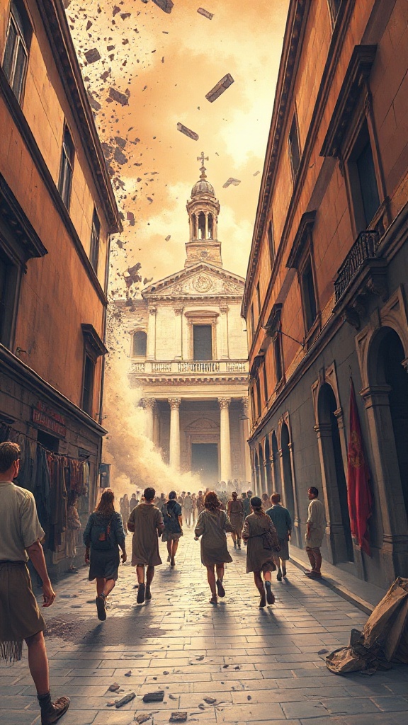A dramatic wide shot of a medieval Roman street during an earthquake. Dust and debris fall from the stone facade of the Basilica of St. John Lateran, while terrified citizens in simple tunics flee in panic, looking back at the cracking church walls.