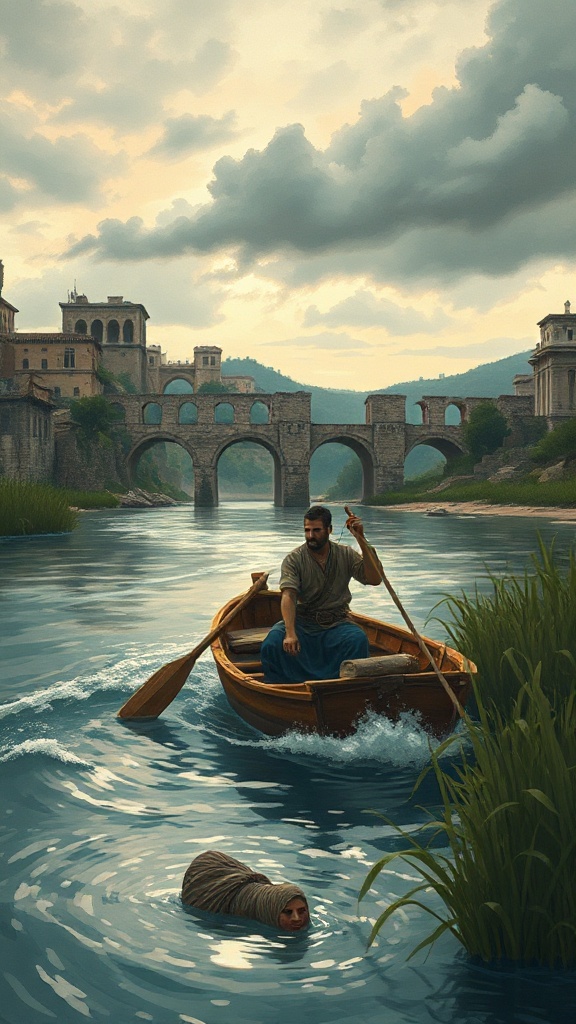 A historical reconstruction of 9th-century Rome under a gloomy, overcast sky. The Tiber River flows rapidly, with ruins of ancient Roman aqueducts and stone arches in the background, a lone fisherman in a wooden rowboat pulling a heavily wrapped, waterlogged figure from the reeds.