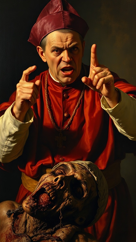 An 18th-century style dramatic oil painting depicting Pope Stephen VI, dressed in dark red papal robes, pointing a furious, trembling finger at a rotting corpse. His face is distorted with rage and madness, illuminated by dramatic chiaroscuro lighting.