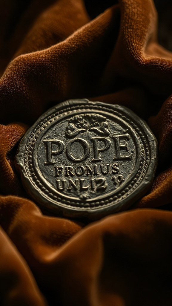 An archaeological artifact close-up: A tarnished 9th-century papal seal (bulla) of Pope Formosus, made of lead, showing his name inscribed in Latin characters, lying on a bed of dark velvet with dramatic side lighting.