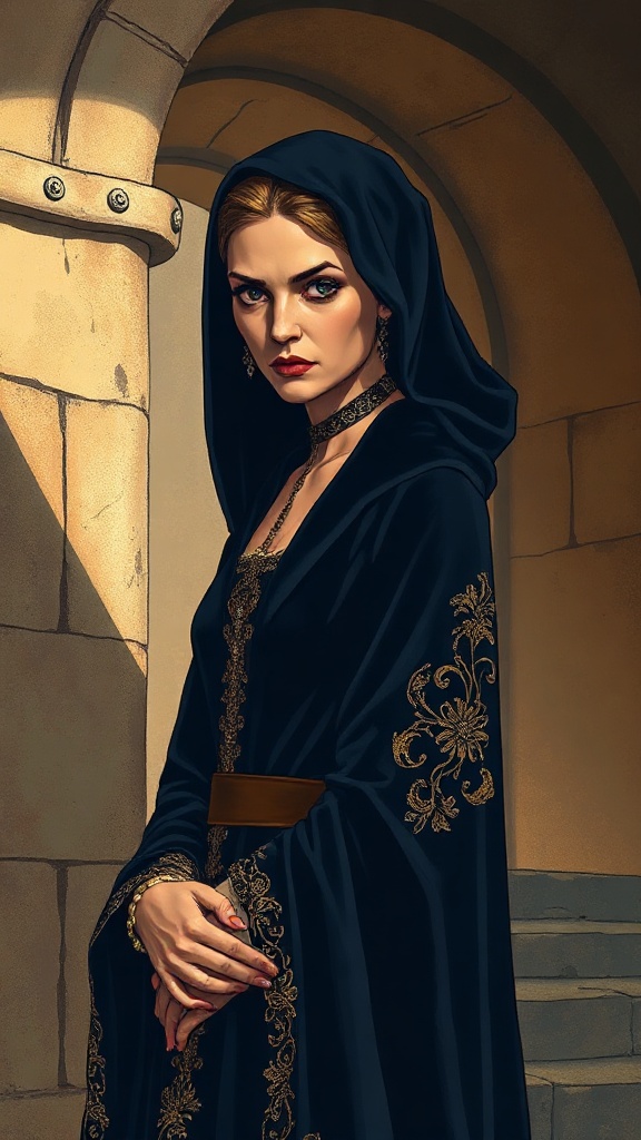 An artistic representation of Empress Ageltrude of Spoleto. A powerful, sharp-featured medieval noblewoman in her 40s wearing a heavy dark-blue velvet gown embroidered with gold thread, a cold, calculating expression on her face as she watches from the shadows of a stone archway.