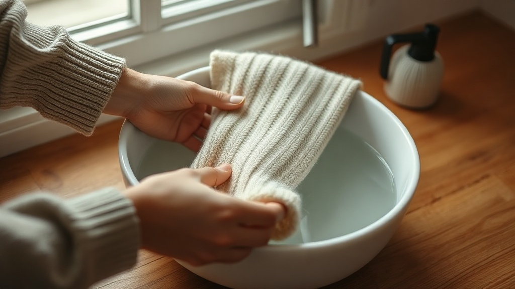 Hands gently hand-washing a cream cashmere sweater in a basin of cool water