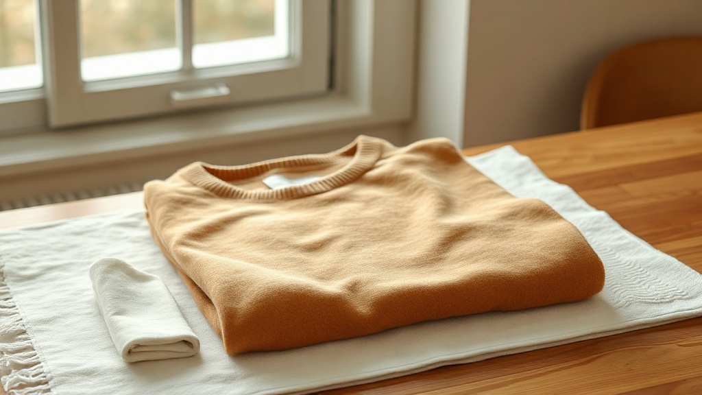 Camel cashmere sweater drying flat on a white towel near a window