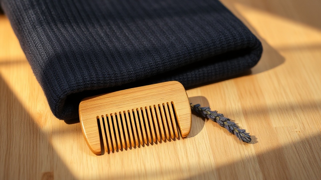 A wooden cashmere comb beside a folded navy sweater and dried lavender for seasonal care