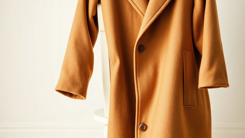 A camel wool-cashmere coat draped over a pale wooden chair, notched lapels visible, warm diffused light